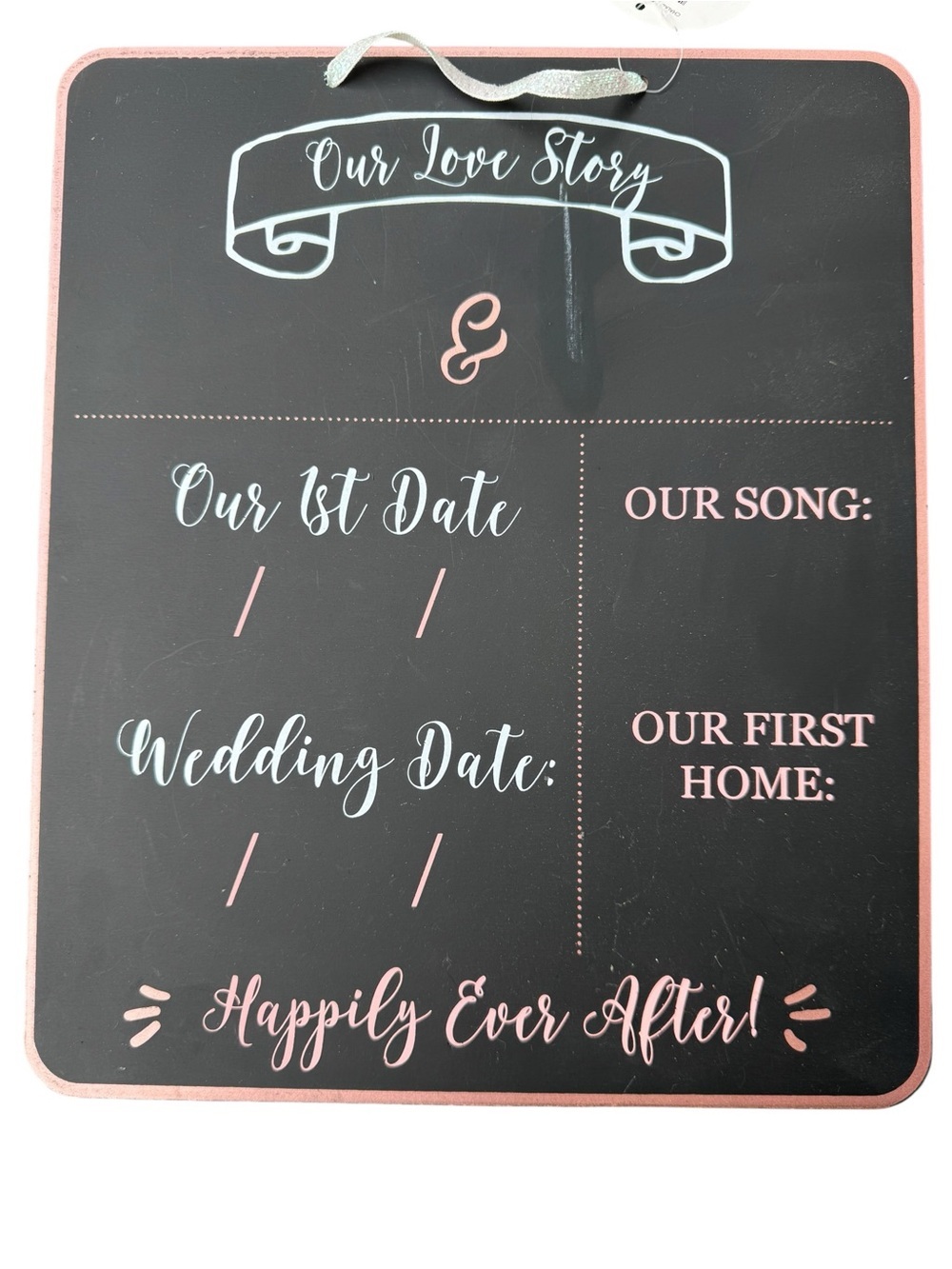 Chalkboard 'Our Love Story' Sign in Black & Pink